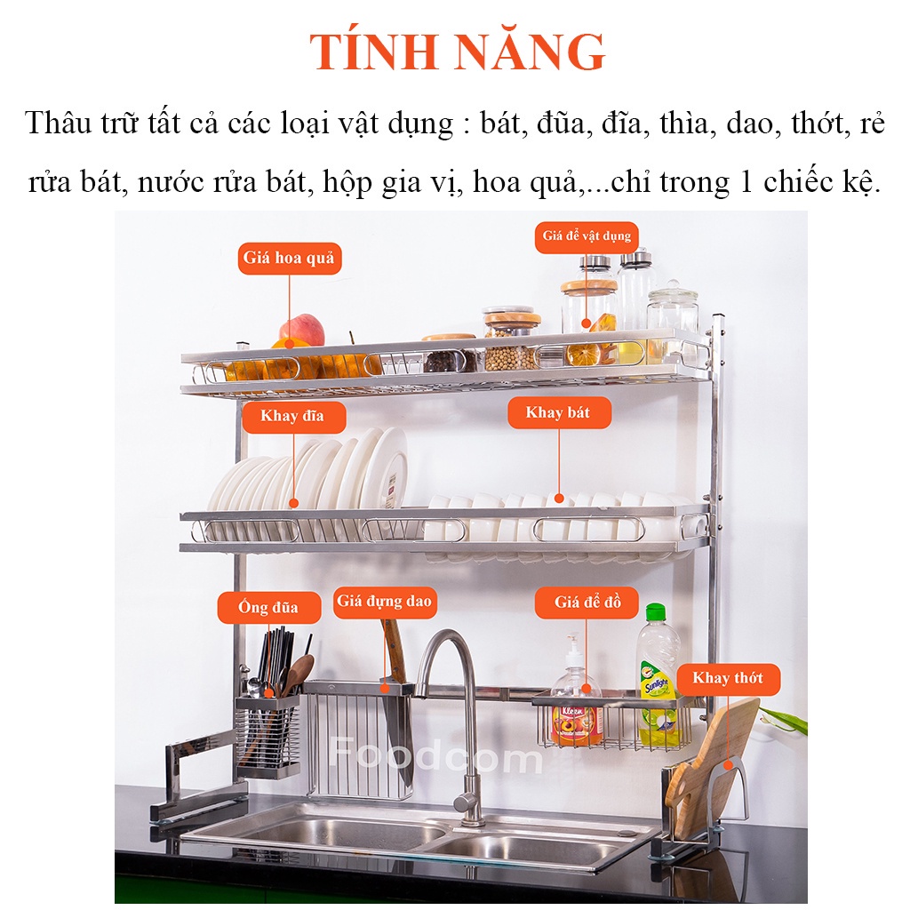 Kệ chén bát đa năng FOODCOM chất liệu inox cao cấp không han gỉ để trên bồn rửa dùng cho bồn đôi, tiết kiệm không gian .