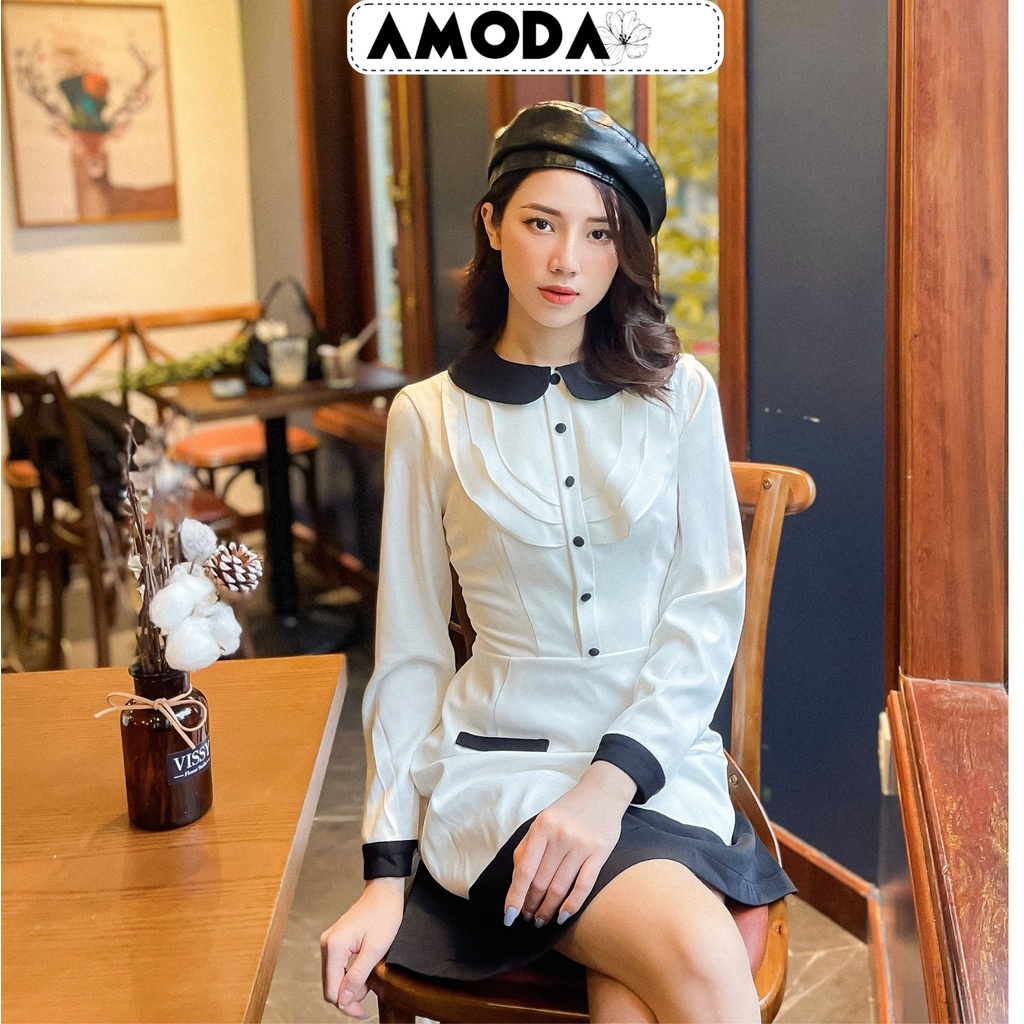 Váy Đầm nữ thiết kế cao cấp tiểu thư trắng phối đen siêu xinh AMODA VD005