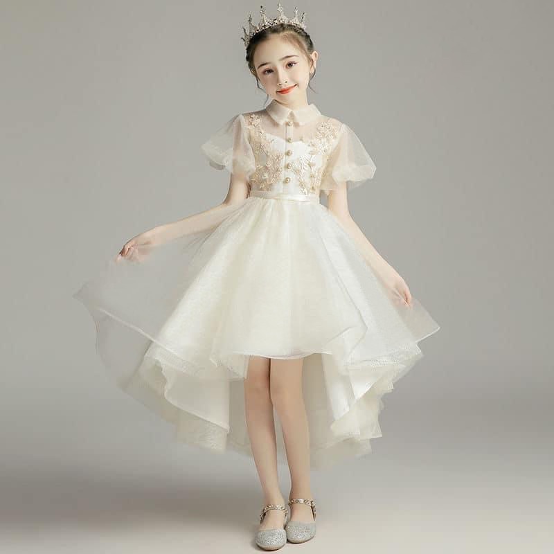 Váy công chúa bé gái thiết kế cao cấp cho bé đi dự tiệc phù dâu đuôi tôm siêu xòe tay bồng màu trắng kem DBG088