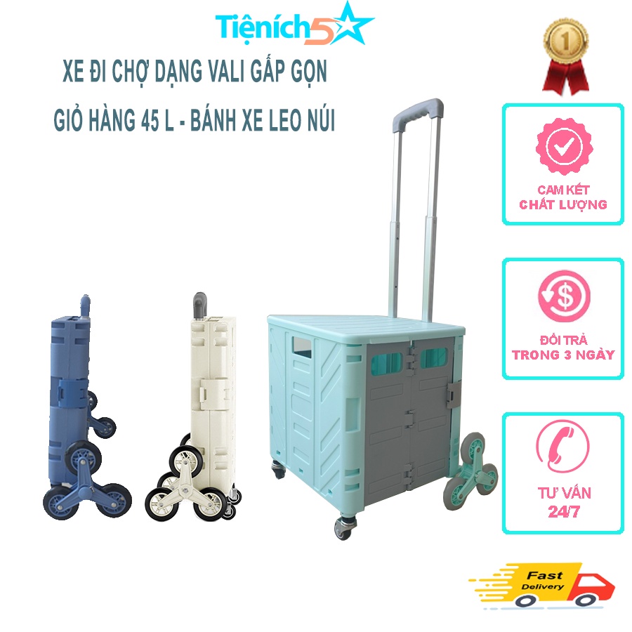 Xe Đẩy Đi Chợ Gấp Gọn - Đi Siêu Thị Đi Dã Ngoại Câu Cá - Bánh Xe Leo Cầu Thang - Giỏ Chứa Đồ 45L - Ghế Ngồi Khi Mỏi Chân