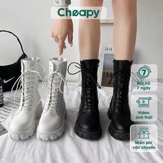 Giày bốt martin, boots nữ cao cổ đế cao buộc dây khoá kéo đen trắng chiến binh hàn quốc da mềm đi chơi Cheapy C1023