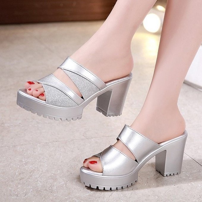 Giày cao gót, Dép cao gót 2 quai đính kim tuyến cao 7cm