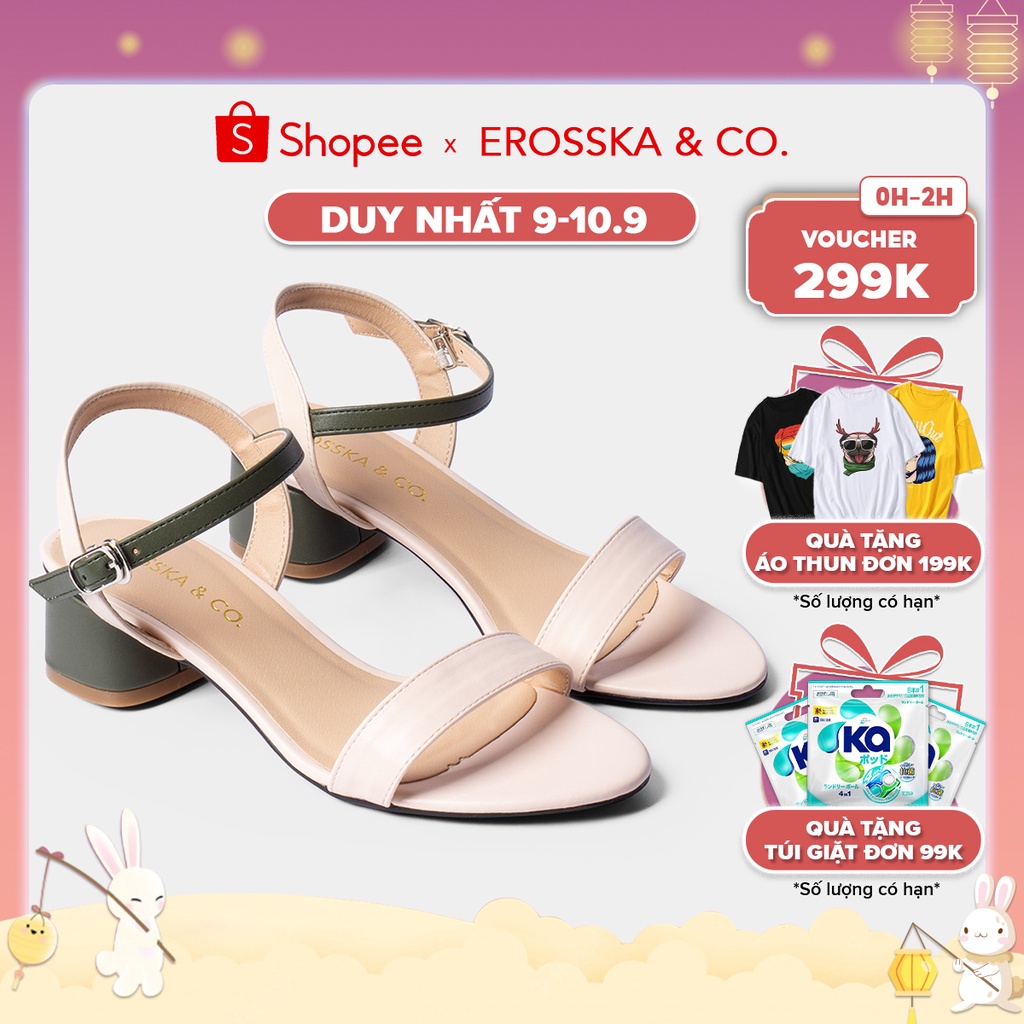 Giày sandal cao gót Erosska thời trang mũi tròn phối dây nhiều màu tinh tế cao 3cm màu xanh phối kem - EB019