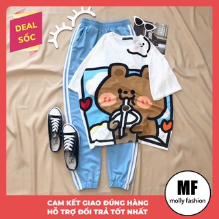 Đồ bộ hoạt hình quần Jogger trơn 2 sọc XANH BIỂN Freesize dành cho nam nữ Molly Fashion