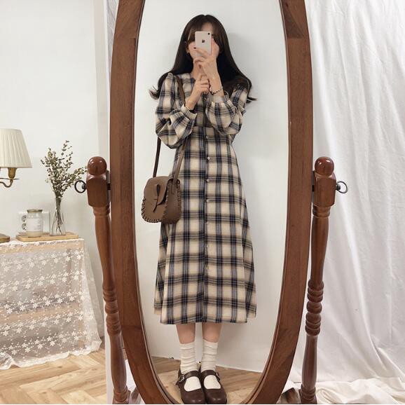Đầm Sơ Mi Dáng Dài Lưng Cao Kẻ Sọc Caro Phong Cách Retro Hàn Quốc