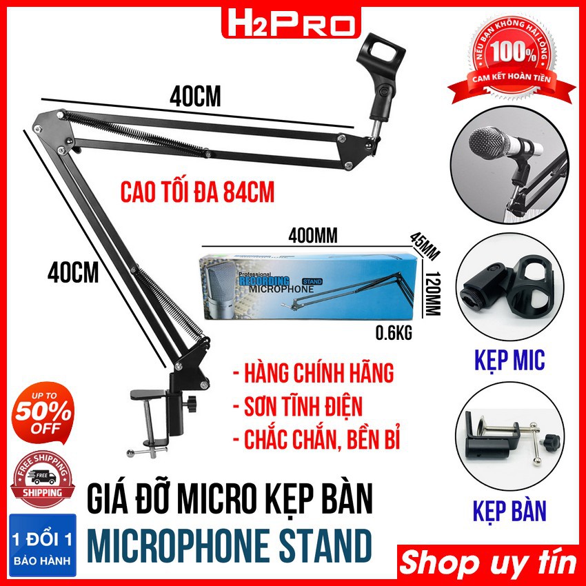 Giá Đỡ Mic Thu Âm Microphone Stand Dài 80Cm Gập Xoay 360 Độ-Chân Kẹp Bàn Micro Kẹp Bàn Cho Mọi Loại Mic Hát-H2Pro Tech