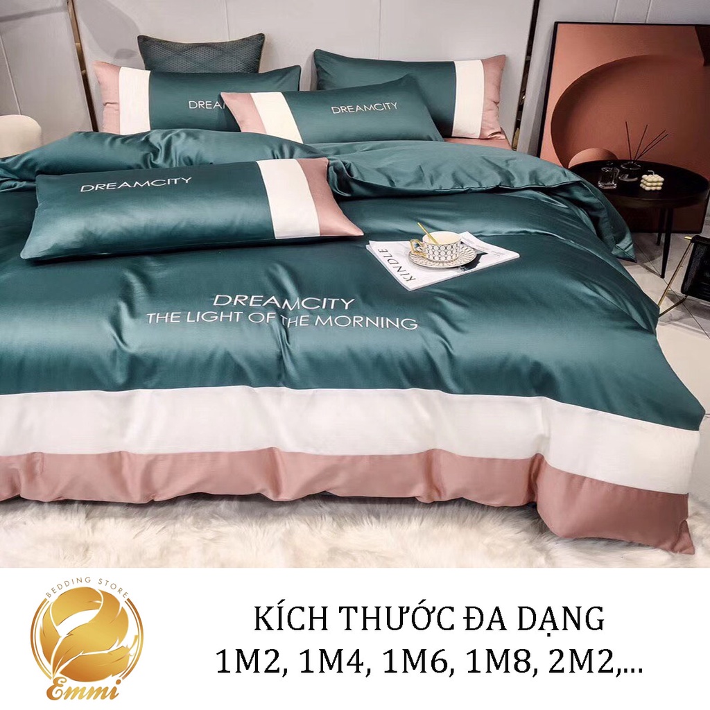 Bộ chăn ga gối lụa Dream cao cấp mẫu xanh phối EMMIBEDDING STORE.