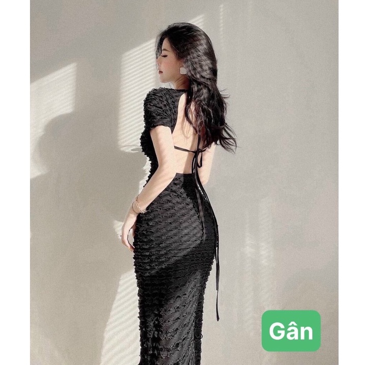 Đầm tay ngắn ôm body hở lưng kiểu cột 2 dây nơ cực sexy , chất thun gân mềm mịn mk