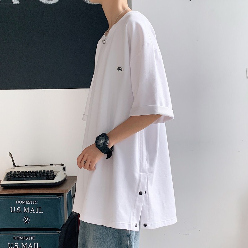 Áo Thun Tay Ngắn Dáng Rộng Màu Sắc Đơn Giản Thiết Kế Xẻ Tà Phong Cách Hàn Quốc Cho Nam