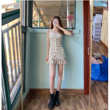 (ORDER) Váy hai dây voan hoa ôm body xòe đuôi cá dây rút thon eo ôm dáng style Hàn Quốc (MẪU _MỚI_2020)