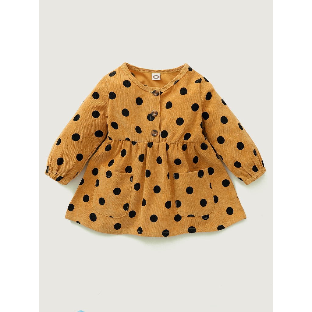 Đầm Dài Tay Họa Tiết Chấm Bi Dễ Thương Thời Trang Thu Đông Cho Bé Gái