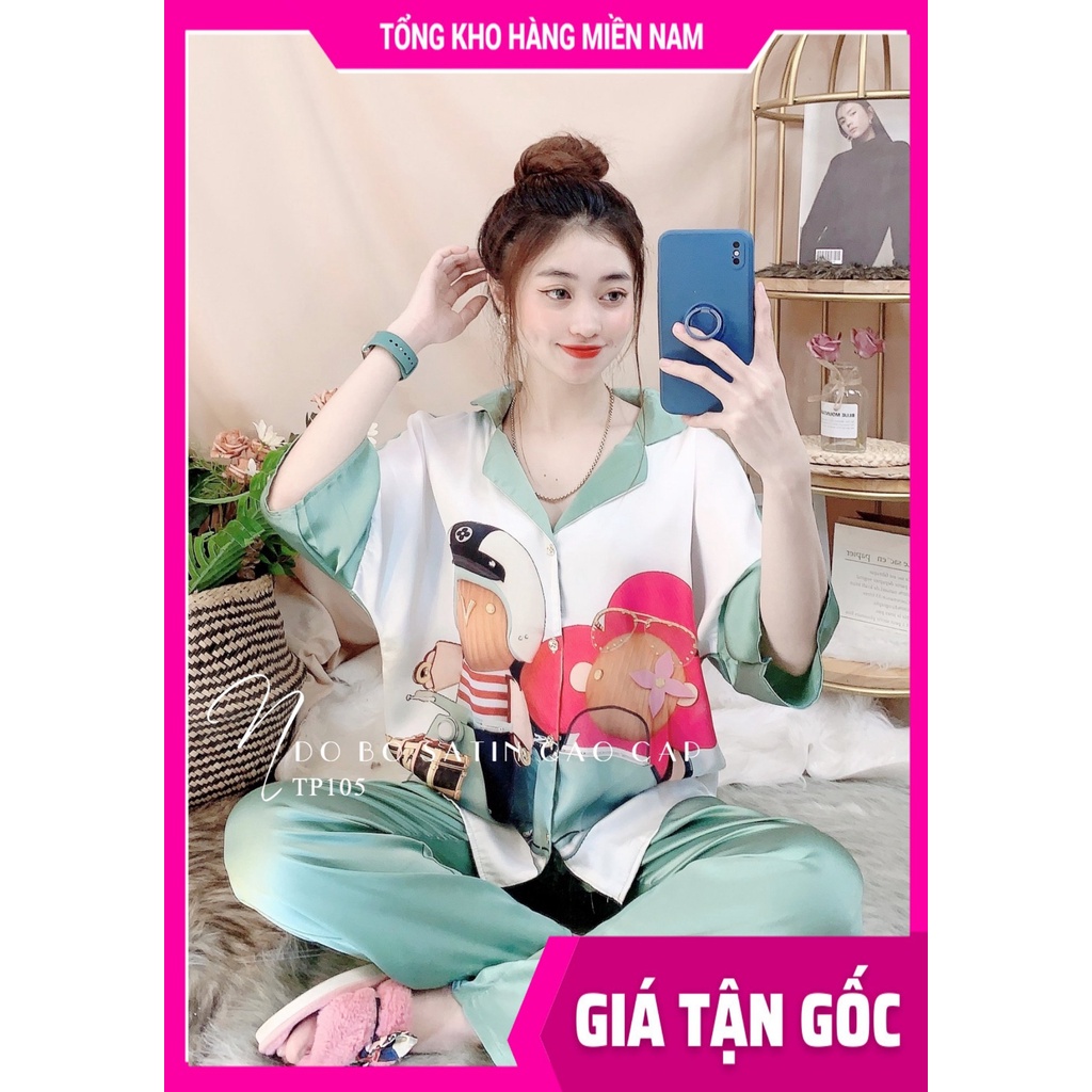Đồ bộ satin cao cấp chất vải siêu mềm mát cho nữ mặc nhà in họa tiết hoa gấu hoạt hình dễ thương TP105