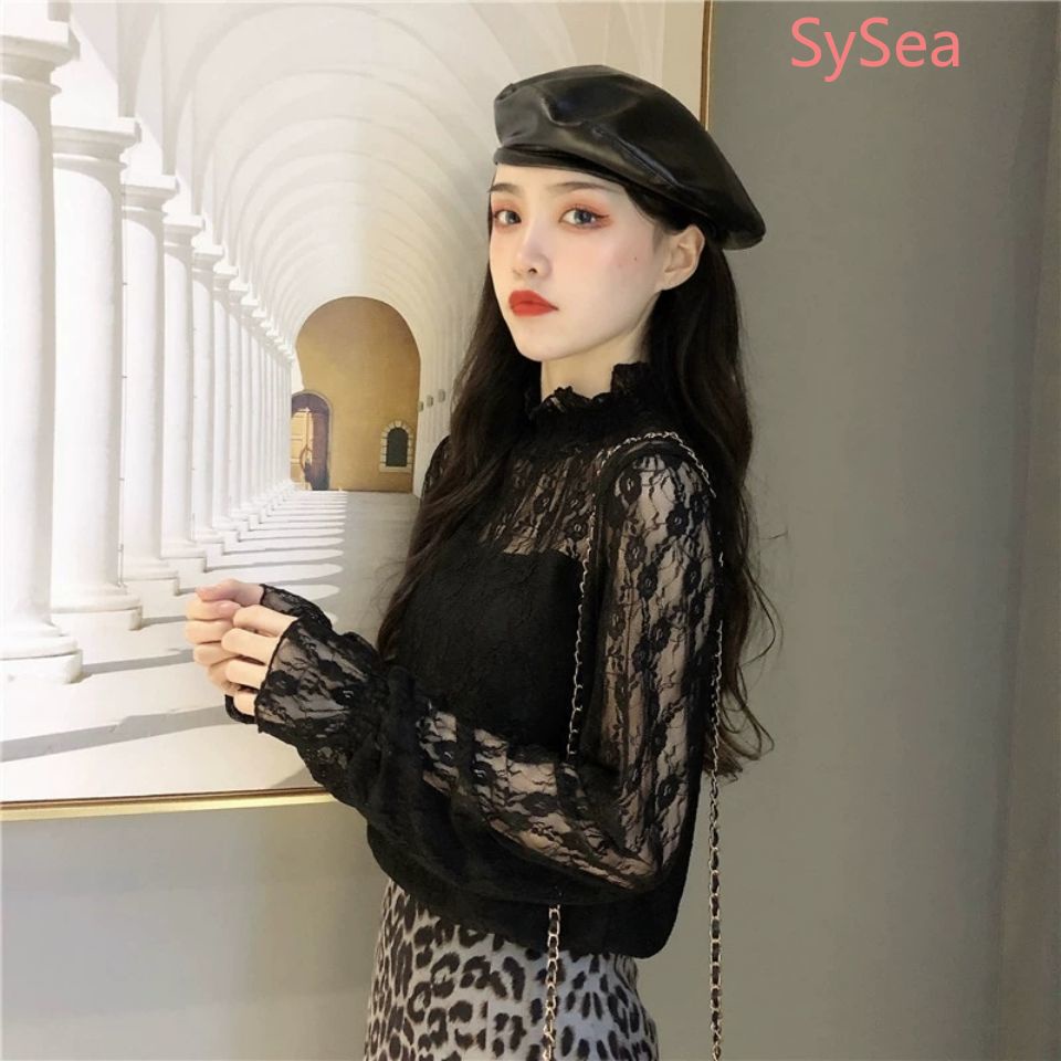 Áo nhung dài tay phối ren thời trang cho nữ