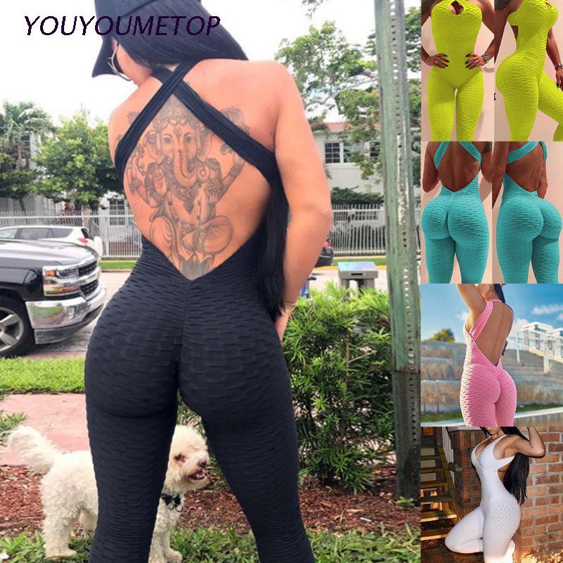 YOUYO Womens Sexy Hollow Out Halter Backless Bodysuit Ruched Butt Lift Yoga Jumpsuit Sleeveless Sport Cross Bandage Playsuit Leggings