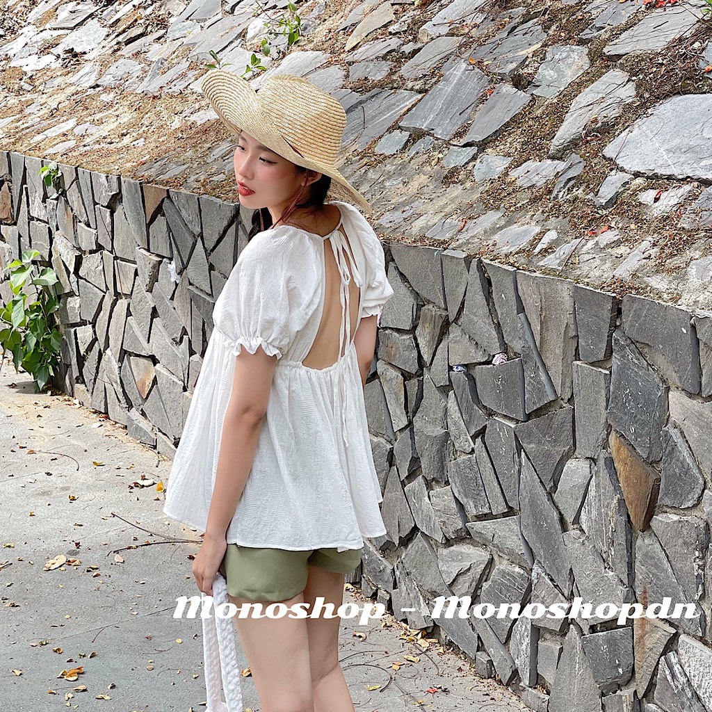 Áo babydoll bo chun tay phồng cột nơ sau hở lưng Ảnh thật/ sẵn