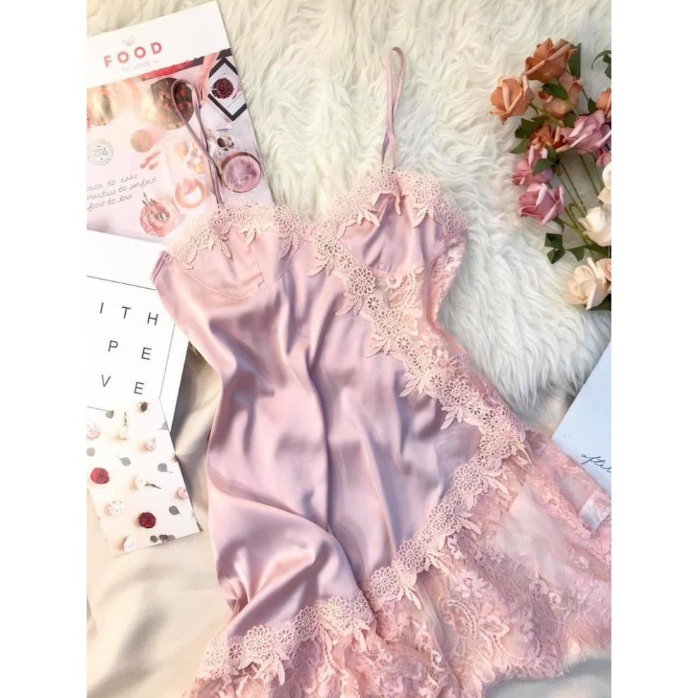 Váy ngủ sexy phối ren hông cao cấp xuyên thấu một bên với màu hồng xinh xắn