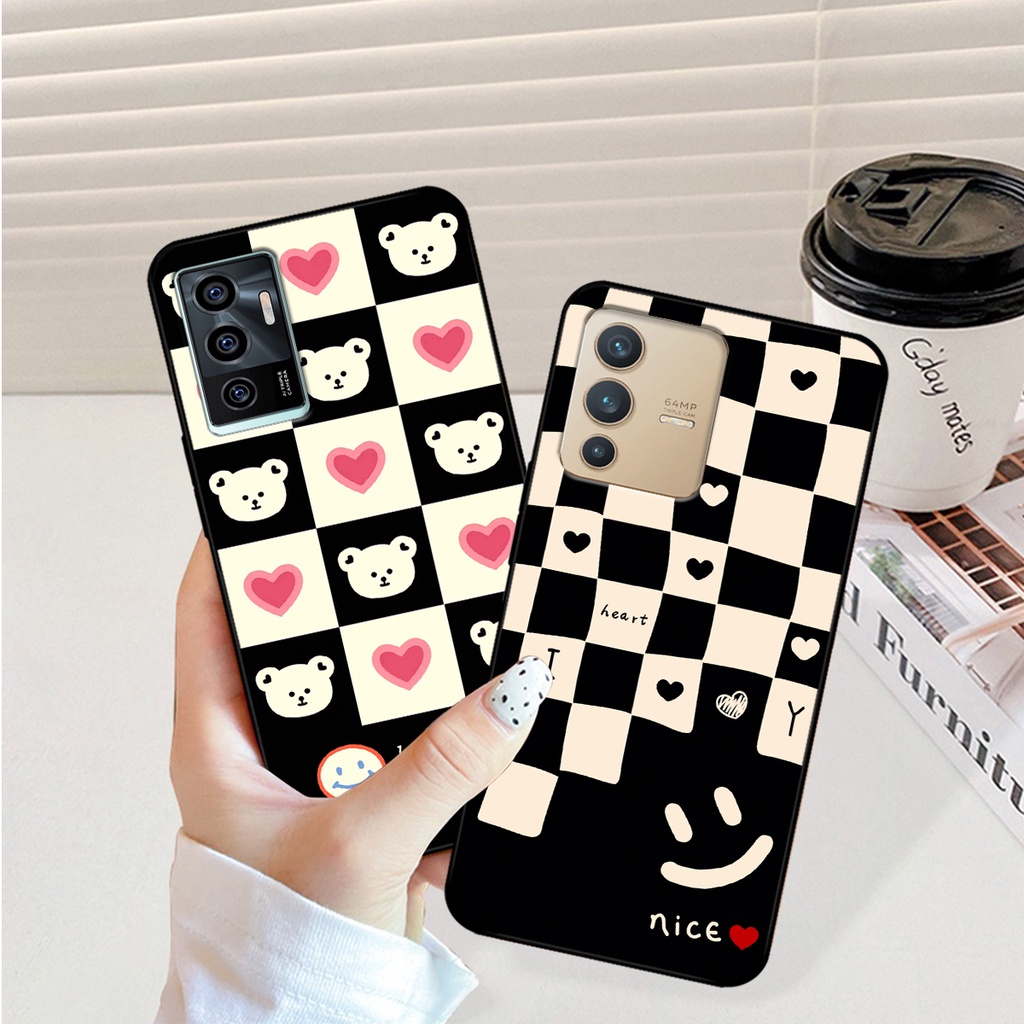Ốp lưng Vivo V23e - Vivo V23 5G in họa tiết caro trái tim, gấu bear dễ thương