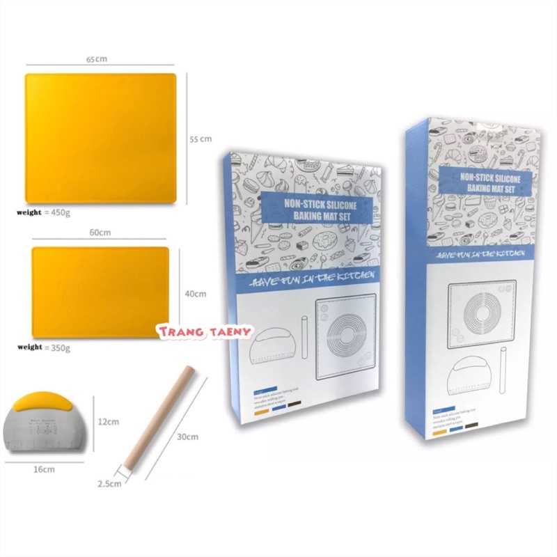 Bộ 3 dụng cụ tấm nhào bột silicon + dao cắt bột + cán lăn gỗ cao cấp