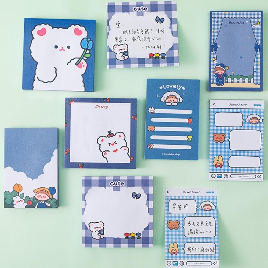 Giấy Note Ghi Chú Dễ Thương EDUSKY Tập 80 Tờ Họa Tiết Gấu Hoạt Hình Cute Kích Thước 8x8 cm Và 9X6 cm