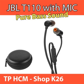 Tai nghe in-ear jbl t110, kèm theo hộp đựng tai nghe chống va đập