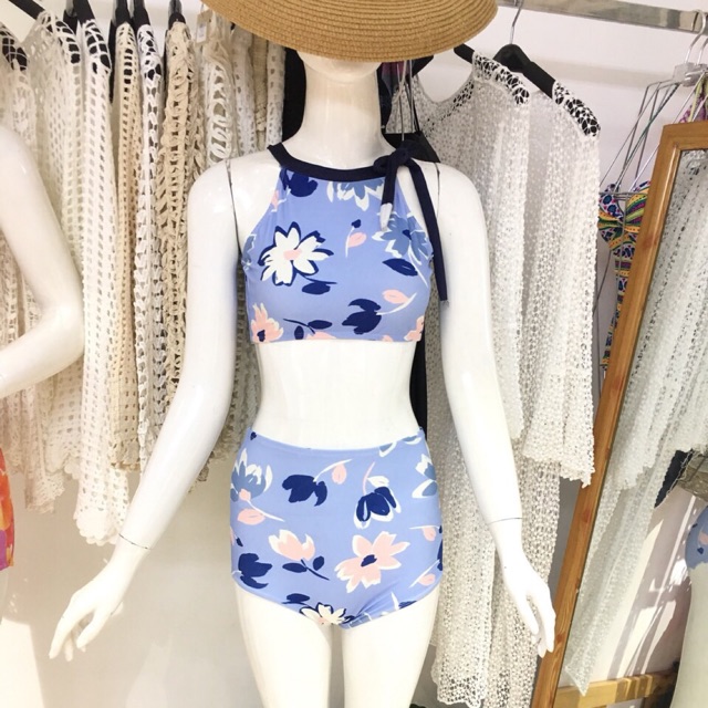 Bikini 2 mảnh: set hoa vintage áo yếm, quần lưng cao