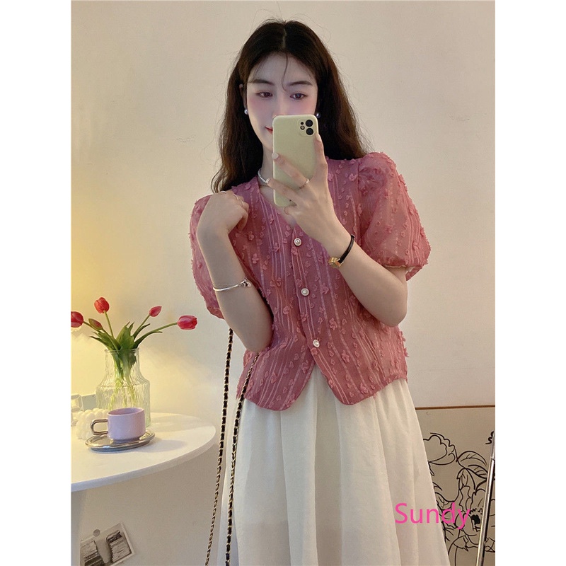 Áo Kiểu Tay Phồng Cổ Chữ V Plus Size Thời Trang Mùa Hè Phong Cách Pháp Cho Nữ