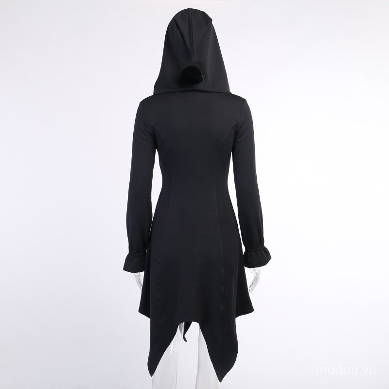 Áo hoodie thiết kế dáng đầm có khóa kéo màu đen trơn thời trang dành cho nữ