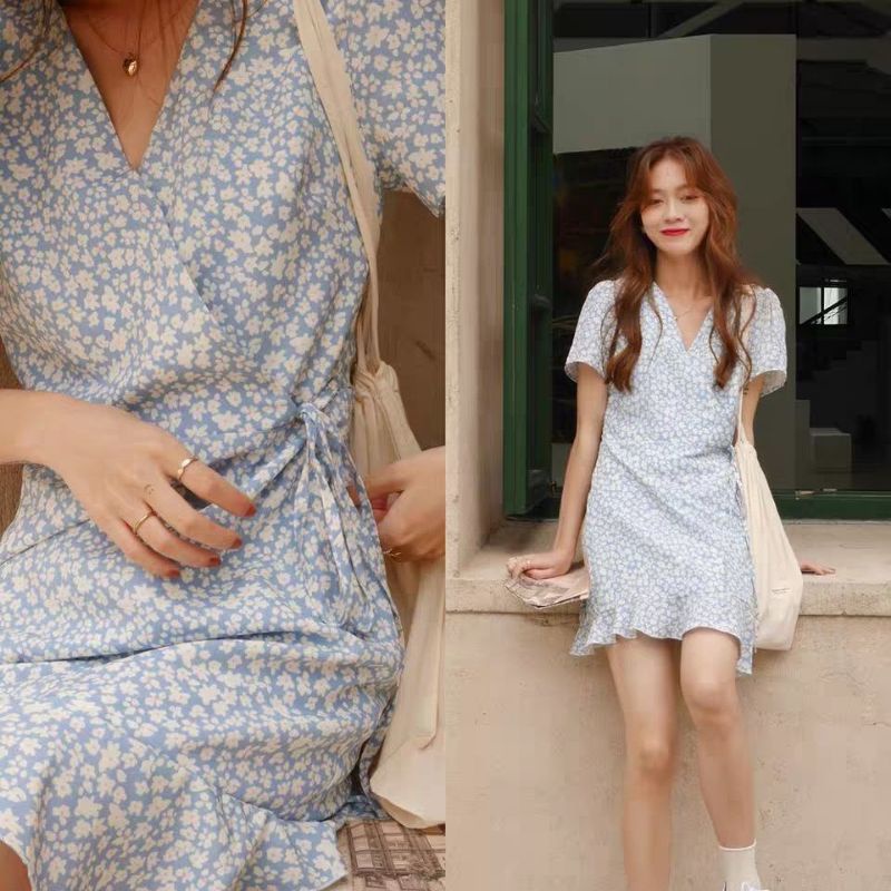 (sẵn, Có ảnh thật) Đầm hoa nhí đắp lệch ulzzang order