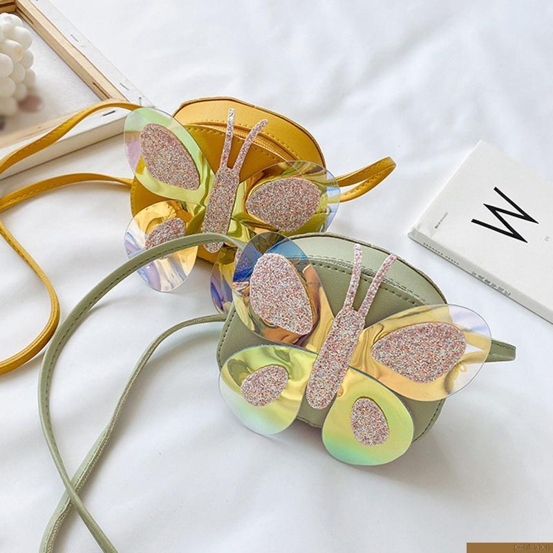 Túi đeo chéo mini bằng da PU đính sequin hình bướm dễ thương cho bé gái