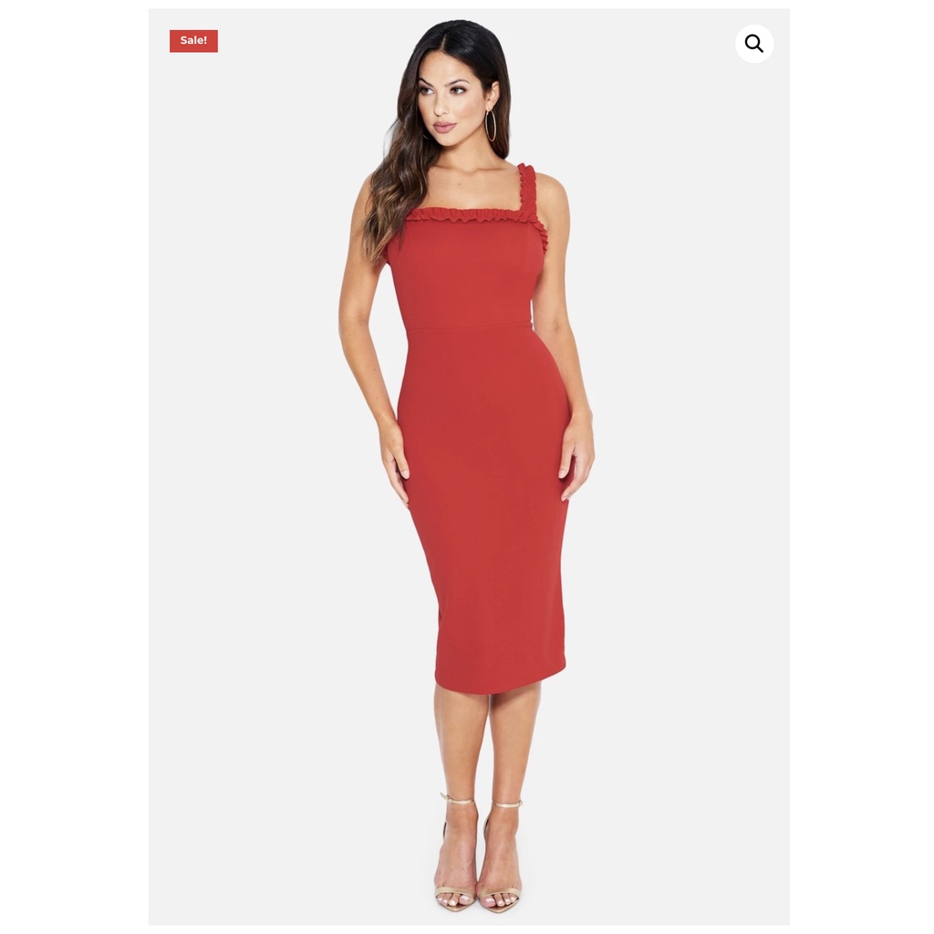 Đầm Ruffle Bodycon Midi Dress màu Đỏ (Hàng VNXK)