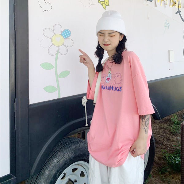 100% cotton Áo thun tay ngắn dáng rộng in họa tiết hoạt hình phong cách Hàn Quốc thời trang năng động cho nữ