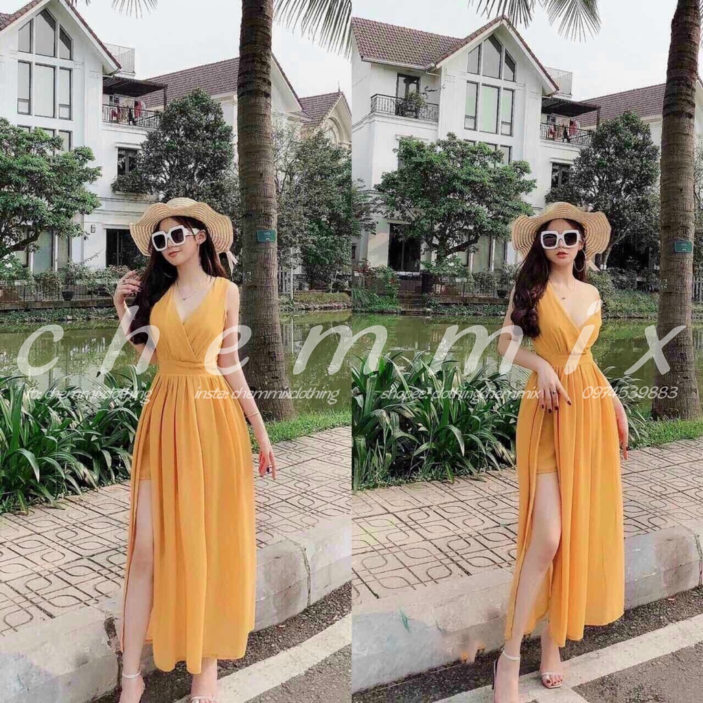 Đầm Maxi Xẻ Tà Cổ Tim Vải Voan Chiffon ChemMix - Váy Maxi Xẻ Tà Đi Biển, Đầm Dự Tiệc Siêu Xinh