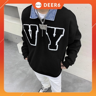 Áo sweater polo nỉ half zip cổ áo denim "EMBROIDERY LETTER" oversize nam nữ