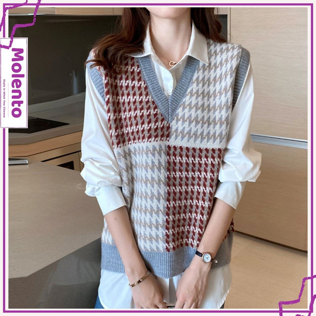 Áo Gile Len Nữ Ulzzang Hàn Quốc MOLENTO Áo Len Cổ V Dày Dặn, Mềm Mịn Cực Ấm Thời Trang Vintage - M68 | BigBuy360 - bigbuy360.vn