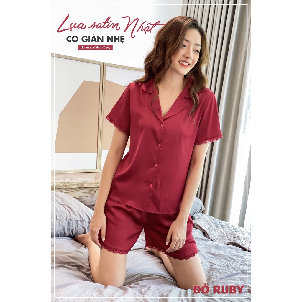 🎀 Vải xịn 🎀 Pyjama đồ bộ mặc nhà lụa satin cao cấp dễ thương phong cách Hàn quốc tay ren quần ngắn trơn màu sang trọng