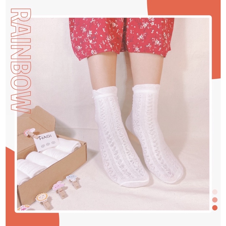Set 5 Đôi Tất nữ Vintage Full Trắng Phối Ren Hoạ Tiết Dễ Thương Phong cách Hàn quốc Học sinh Sinh Viên