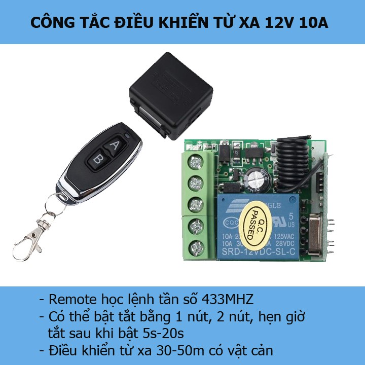 Mạch công tắc điều khiển từ xa 12v 10A điều khiển thiết bị điện 1 chiều 12v, công tắc hẹn giờ, timer hẹn giờ 12v