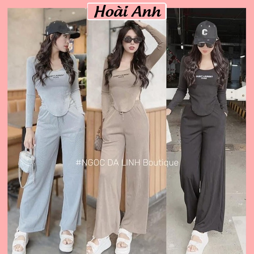 Set Bộ Đồ Nữ Áo Đuôi Tôm Vạt Bầu Dài Tay Ôm Body Mix Quần Suông Ống Rộng Freesize