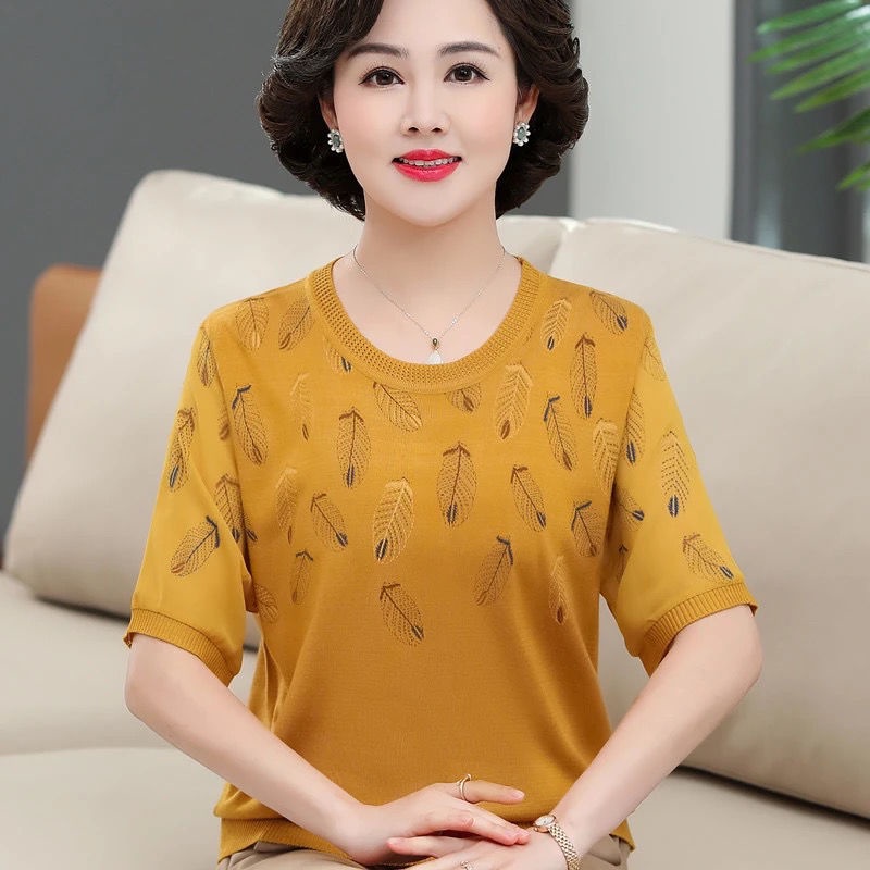 New mom mùa hè áo thun lụa băng ngắn tay cho phụ nữ trung niên và cao tuổi áo dệt kim lỏng lẻo