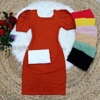 Đầm body thun tay phồng cổ u