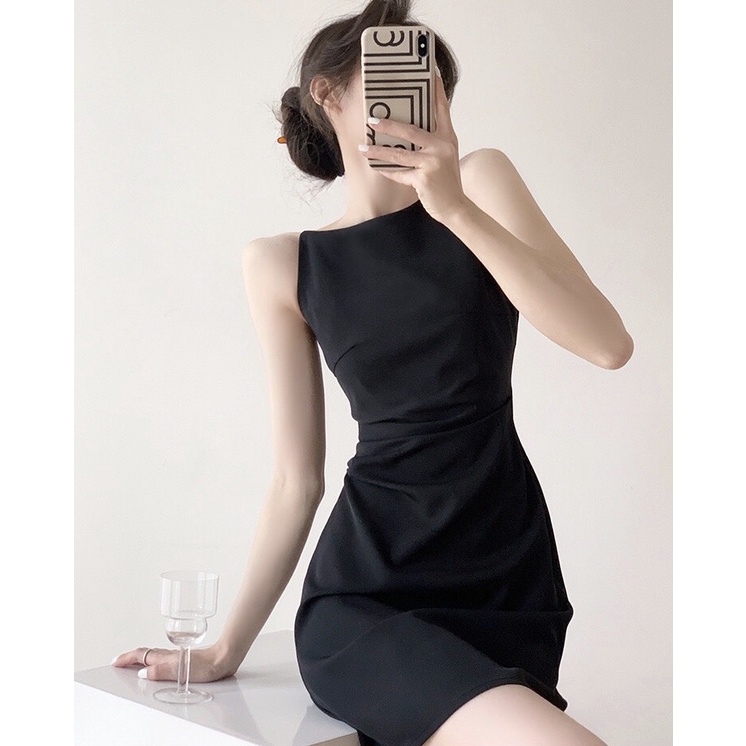 Đầm 2 dây nữ ngắn đen chất liệu chéo hàn màu đen - Váy chữ A thiết kế đơn giản sang trọng