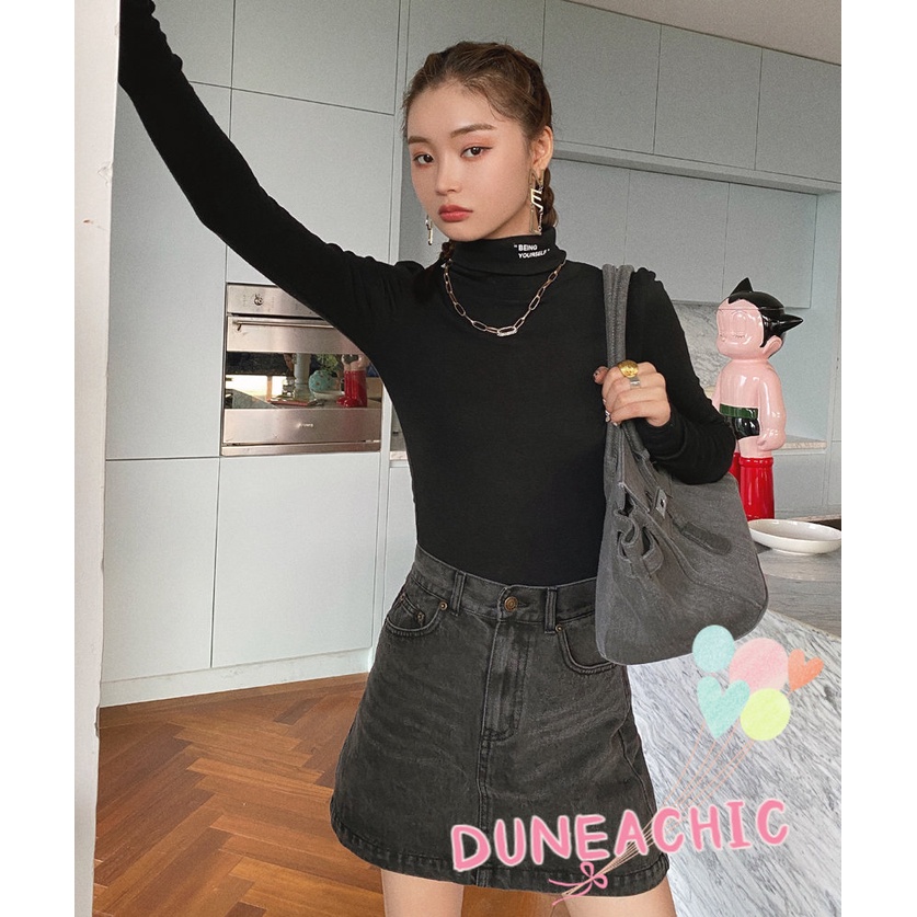 DUNEA Áo Thun Tay Dài Cổ Lọ In Chữ Thời Trang Cho Nữ