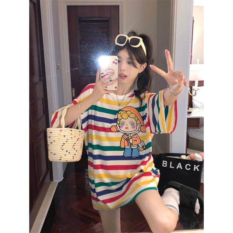 Jiashucheng Áo Thun Ngắn Tay Cổ Tròn Họa Tiết Kẻ Sọc Cầu Vồng Màu Tương Phản Thời Trang Mùa Hè Hàn Quốc 2023 Mới