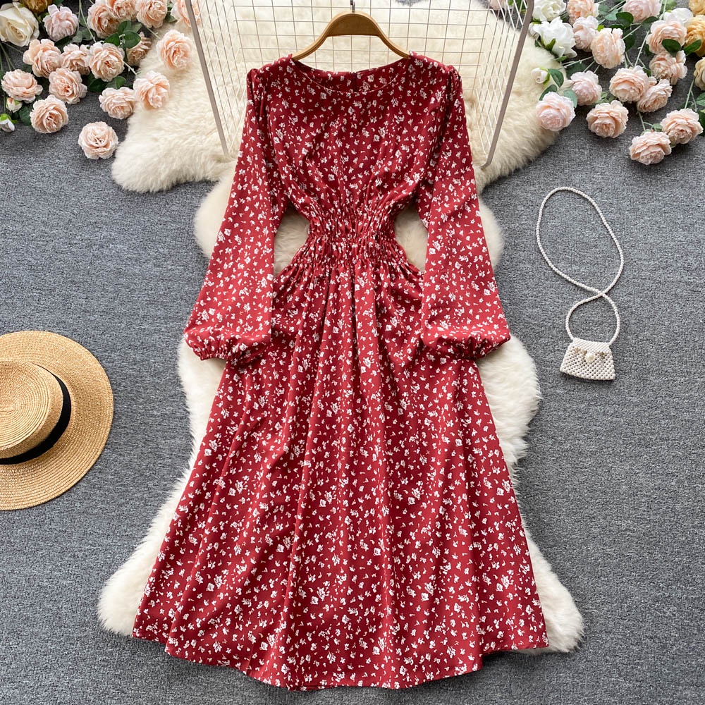 Đầm Voan Hoa Tay Phồng Dài Cổ Tròn Xếp Ly Nhấn Eo Thời Trang Retro Thanh Lịch Cho Nữ
