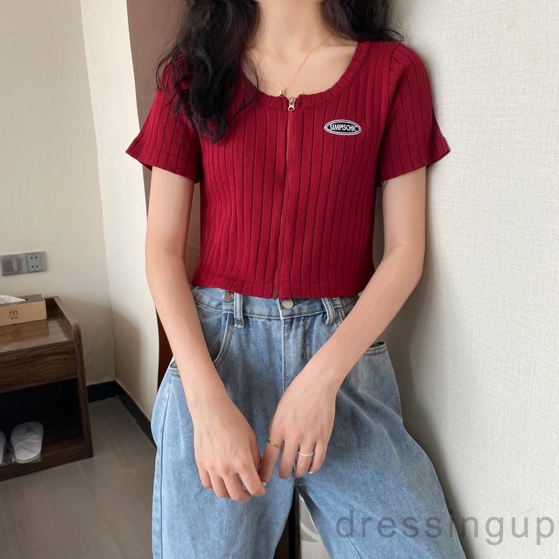 Áo Thun Tay Ngắn Có Khóa Kéo Thêu Chữ Quyến Rũ Dành Cho Nữ