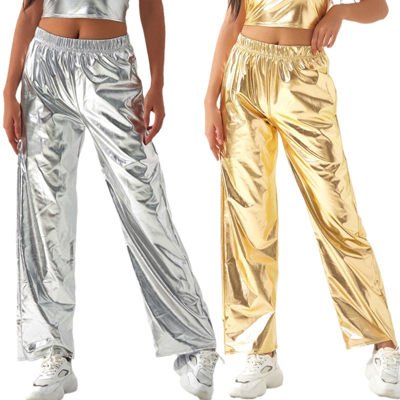 Quần Dài Lưng Cao Ống Rộng Bằng Da Giả Sáng Bóng Phong Cách Hip Hop Đường Phố Thời Trang Cho Nữ