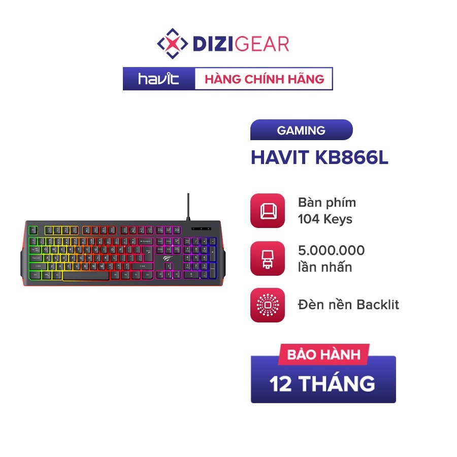 Bàn Phím Gaming HAVIT KB866L, 104 Phím, Led Backlit Rainbow, Thiết Kế Công Thái Học - Chính Hãng BH 12 Tháng Dizigear