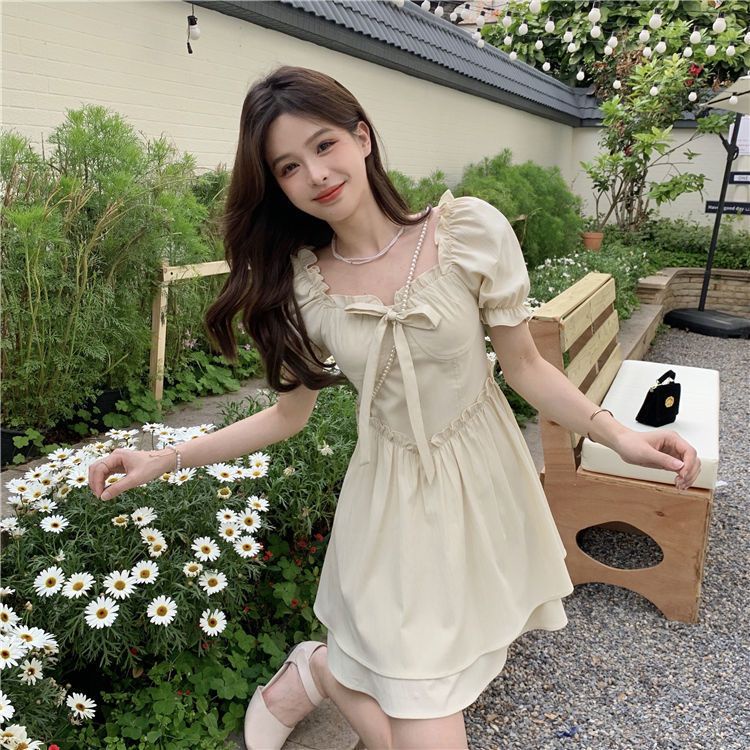 🎀váy babydoll Đầm Dáng Chữ A Cổ Vuông Tay Phồng Cột Dây Eo Thời Trang Xuân Hè Phong Cách Mới Cho Nữ