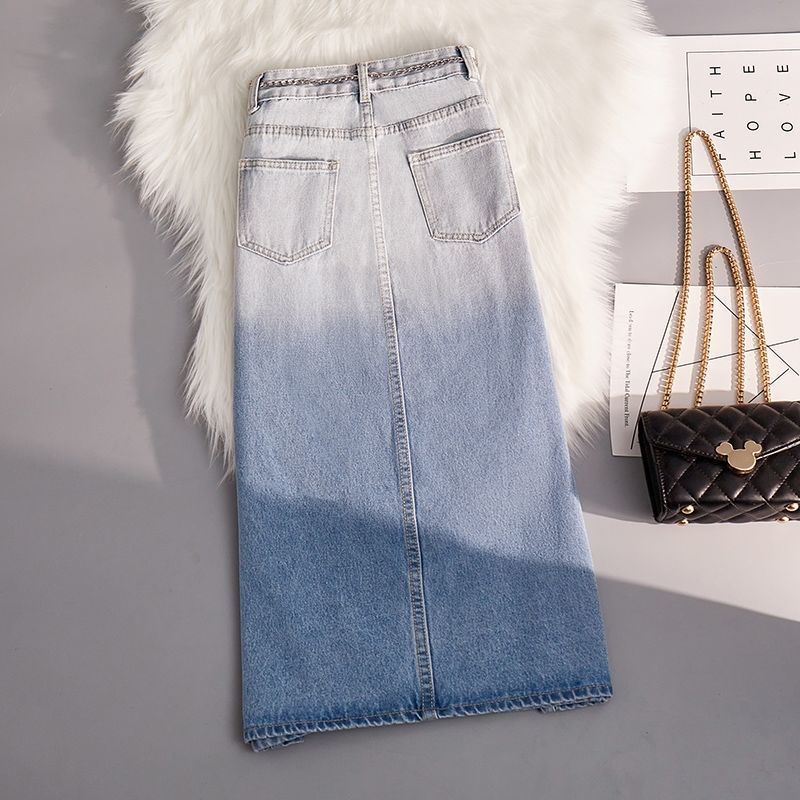 Jiashucheng Chân Váy Denim Dài Vừa Màu Xanh Dương Nhạt Gradient Mỏng Xẻ Tà Phía Trước Phong Cách Mùa Hè Cho