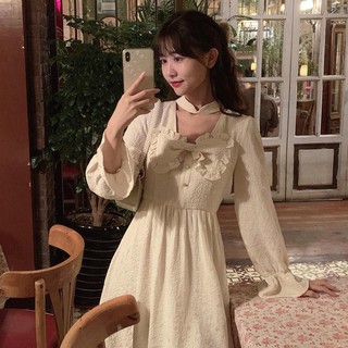Dầm dài tay tiểu thư thắt nơ ngọt ngào phong cách HQ Ulzzang